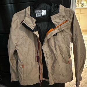 Dutch Bros Hooded Tan Rain Jacket with Orange Details